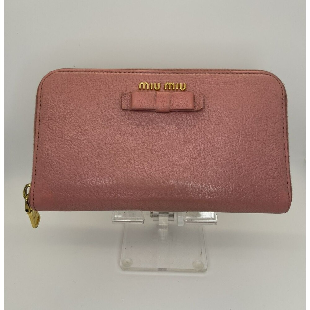 Miu Miu Logo Ribbon Leather Zip Around Long Wallet Pink Authentic /97